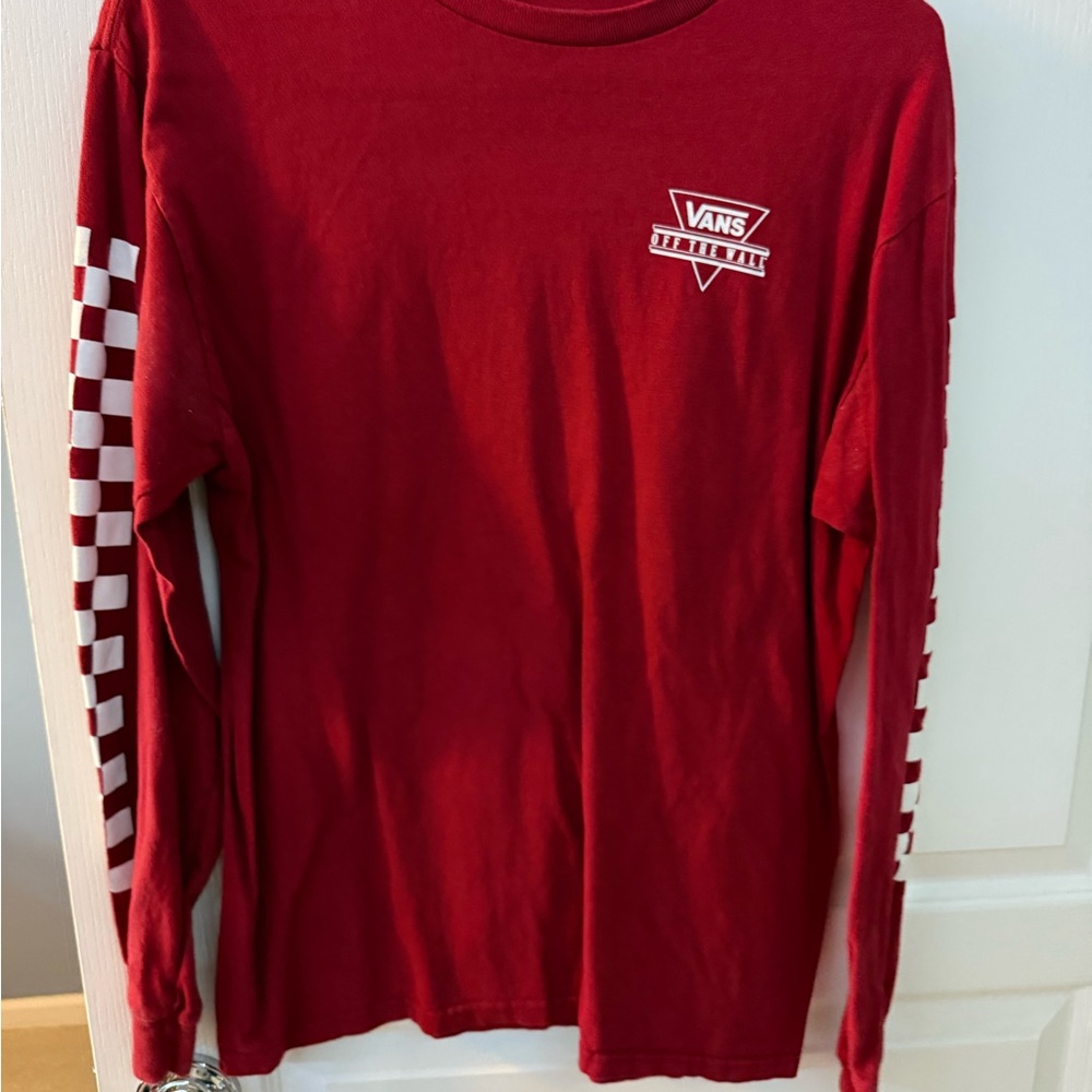 Vans Red and White Long Sleeve Tee with Checkered Sleeves